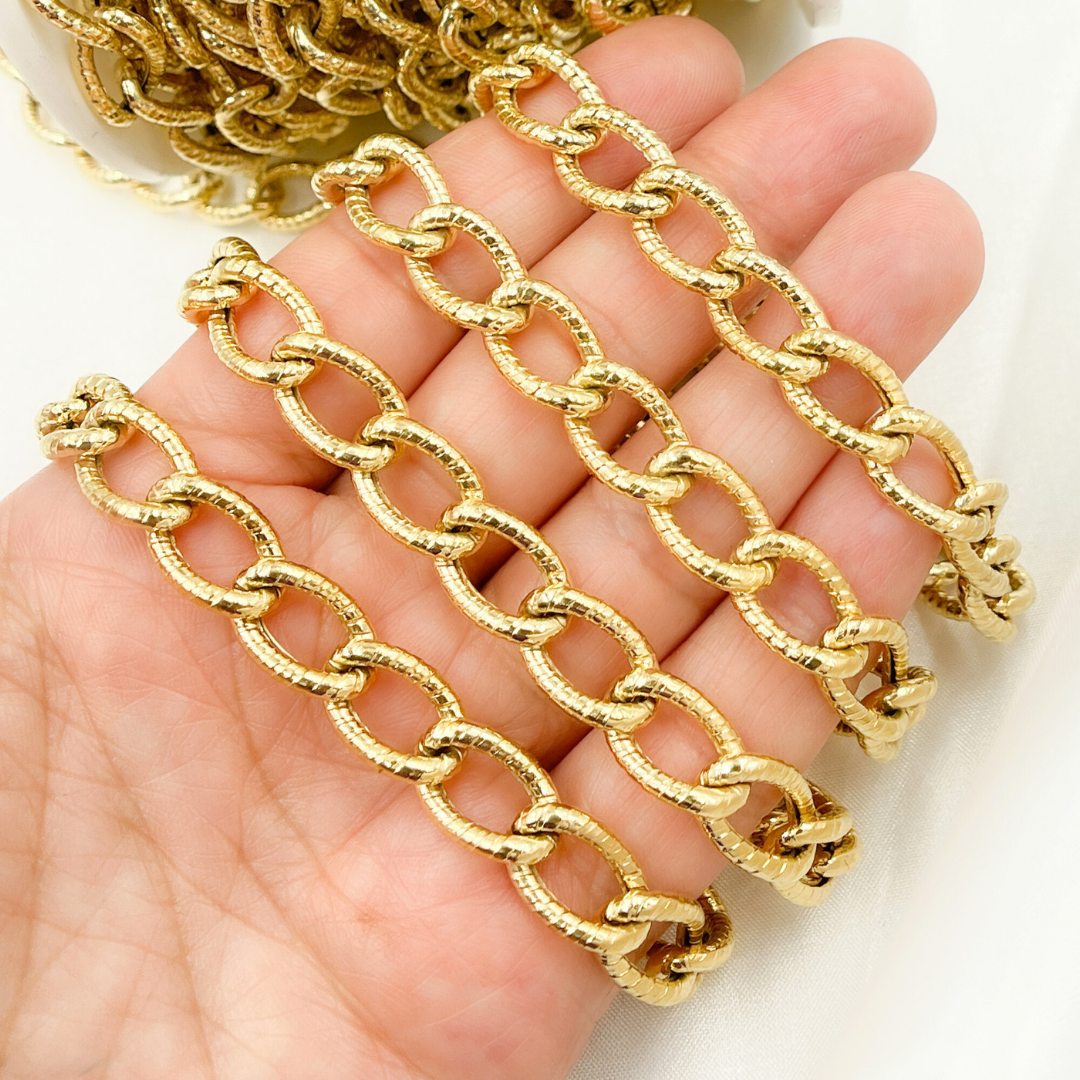 Gold Plated 925 Sterling Silver Textured Oval Link Chain. V49GP