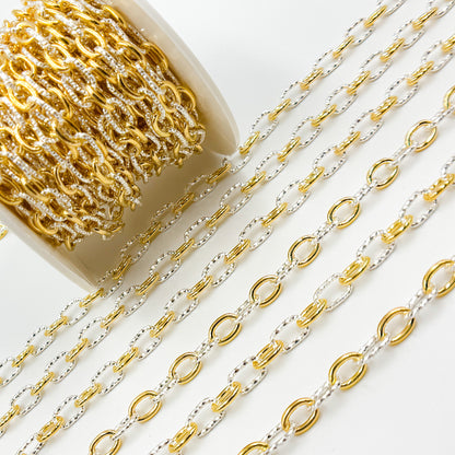 V308TT. Gold Filled and Silver Mixed Link Cable Chain - Smooth & Diamond Cut Links