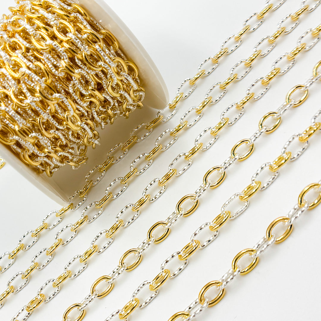 V308TT. Gold Filled and Silver Mixed Link Cable Chain - Smooth & Diamond Cut Links