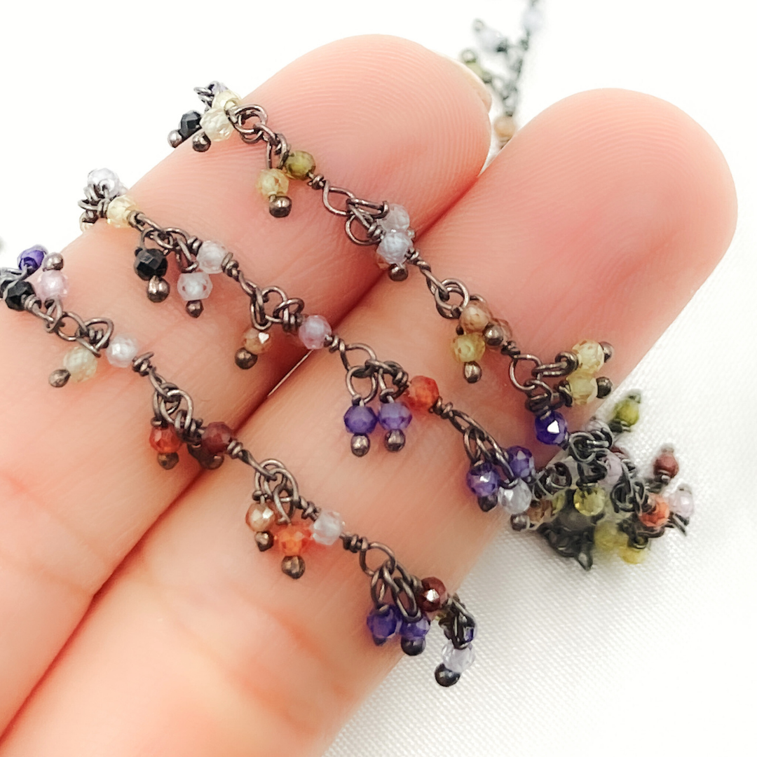 Multi Color CZ Cluster Dangle Oxidized Wire Chain