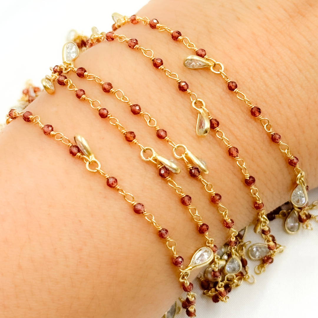 Garnet & CZ Dangle Gold Plated Wire Chain