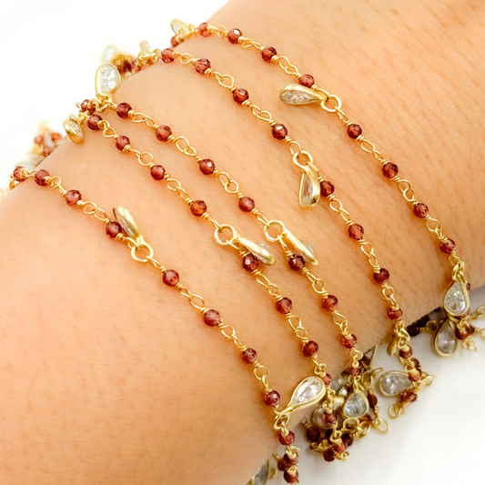 Garnet & CZ Dangle Gold Plated Wire Chain