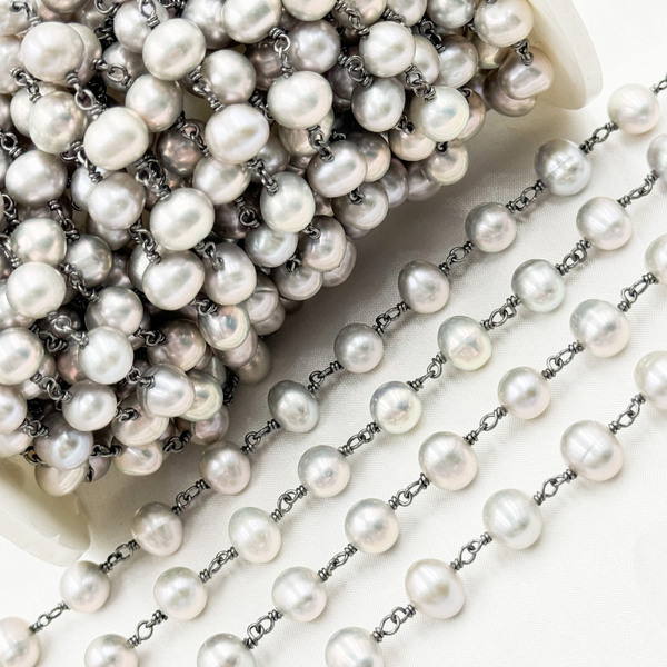 Grey Freshwater Pearl Oval Wire Wrap Chain. PRL17