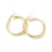 15850006724. 14K Solid Gold Smooth and Ribbed Hollow Double Hoop Earrings