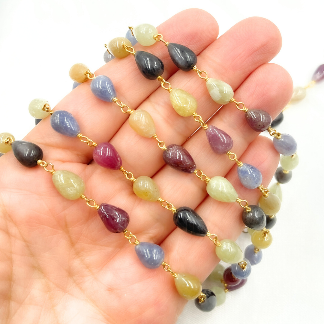 MSA27. Multi Sapphire Tear Drop Shape Gold Plated Wire Chain