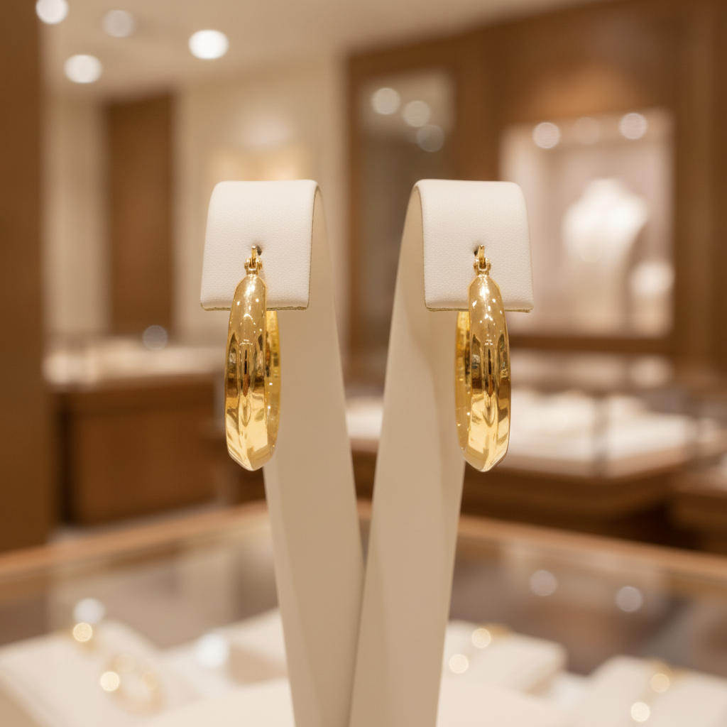 GER131. 14K Solid Gold Hollow Hoop Earrings