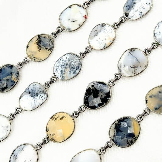 Dendrite Opal Organic Shape Bezel Oxidized Silver Wire Chain