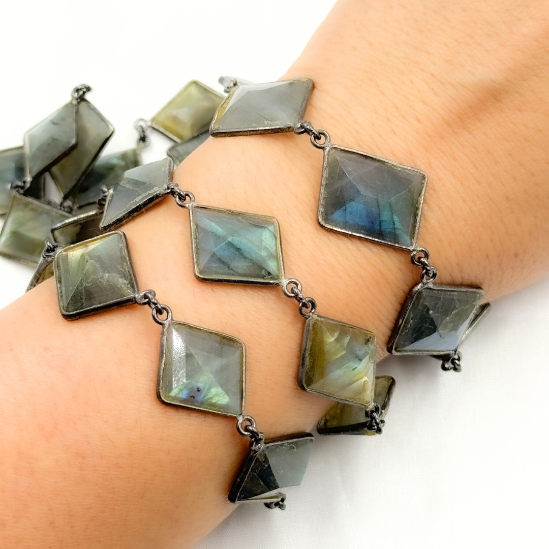 Labradorite Rhomb Shape Bezel Oxidized Wire Chain. LAB20