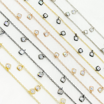 CZ2. 4mm Cubic Zirconia Square Shape Dangle Chain