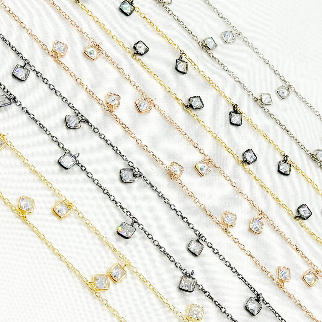 CZ2. 4mm Cubic Zirconia Square Shape Dangle Chain