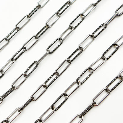 Black Rhodium Sterling Silver Diamond Cut and Smooth Paperclip Chain