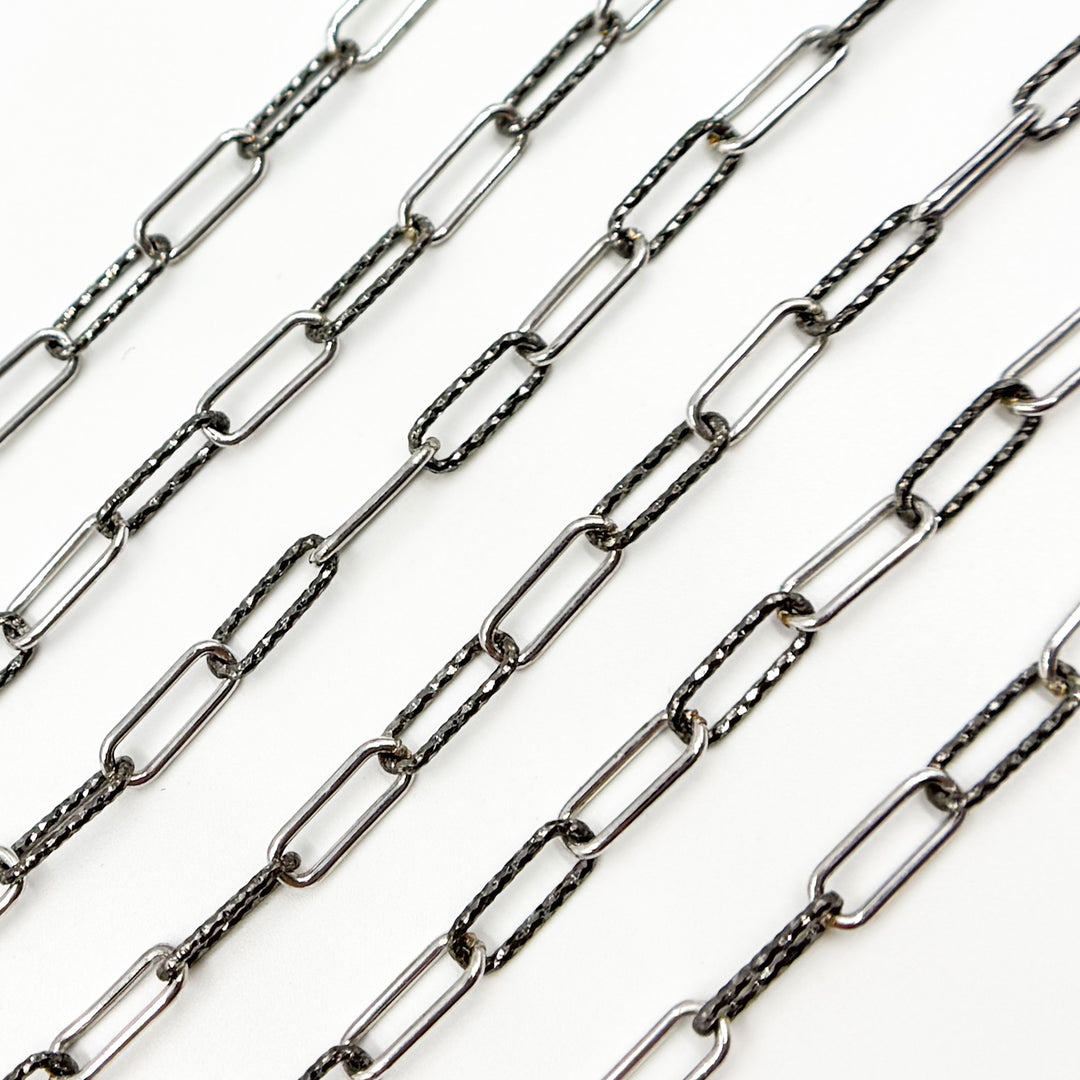 Black Rhodium Sterling Silver Diamond Cut and Smooth Paperclip Chain