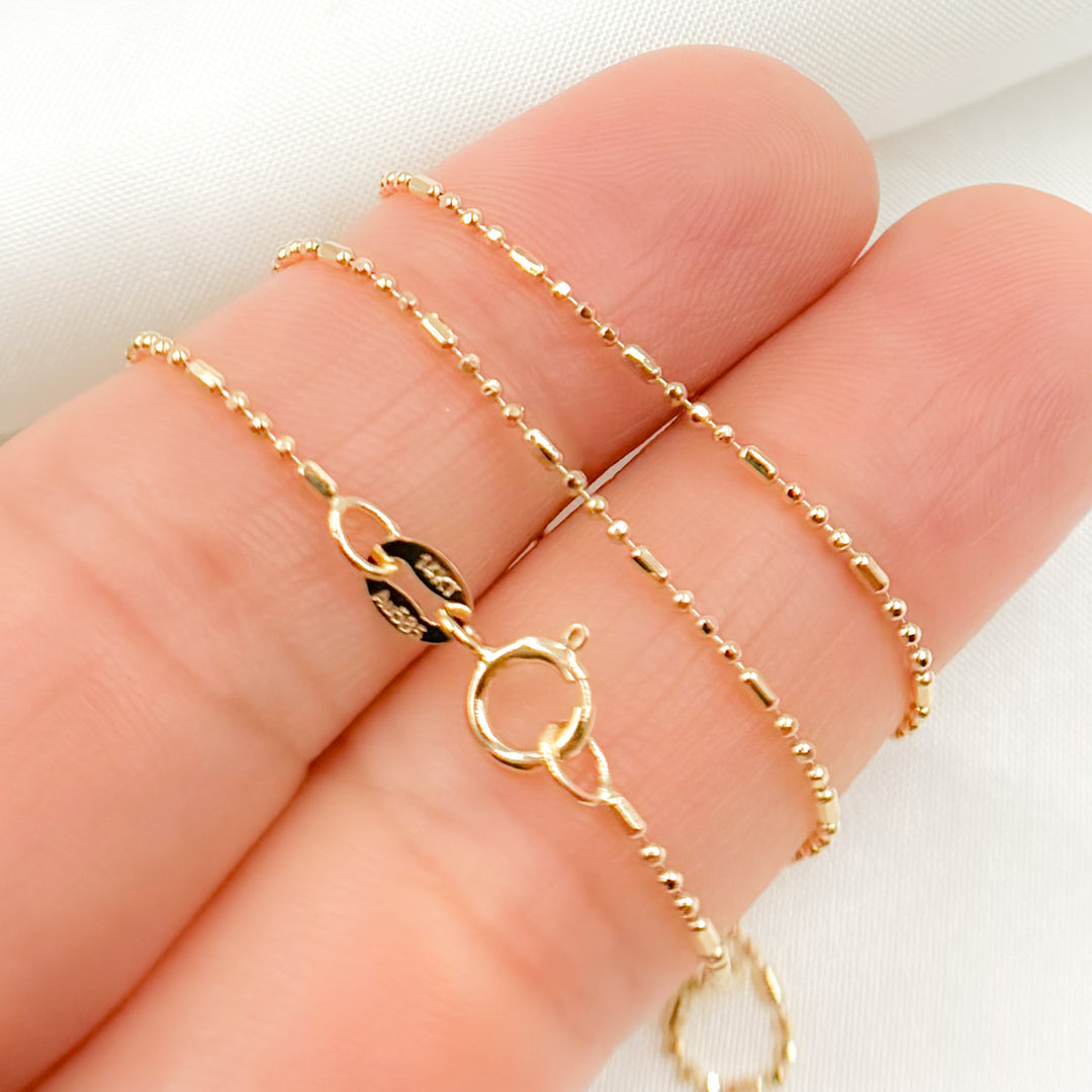 100CP3+18L. 14K Solid Gold Smooth Bar and Ball Chain