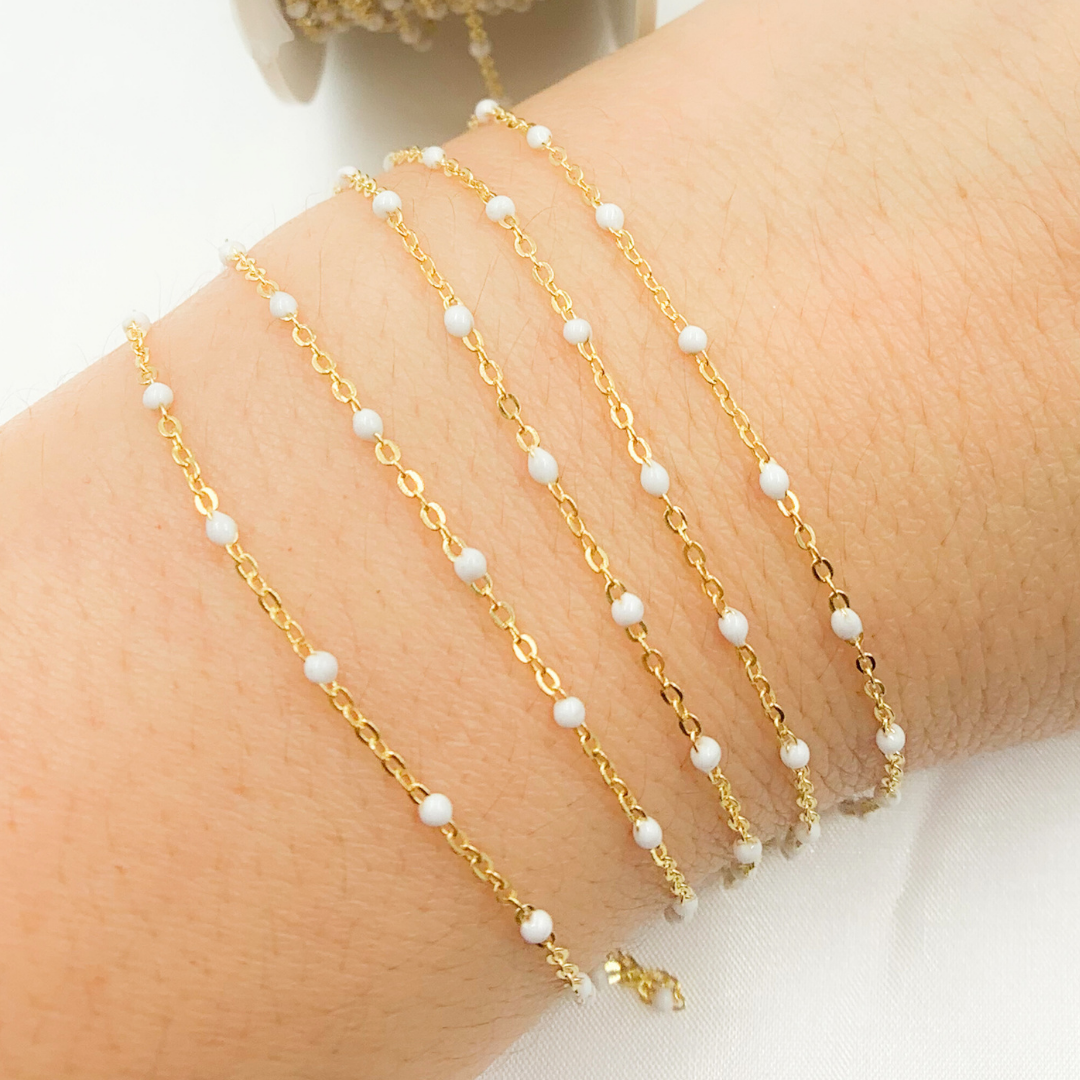 Solid Yellow Gold Bead Enamel White Color Cable Chain