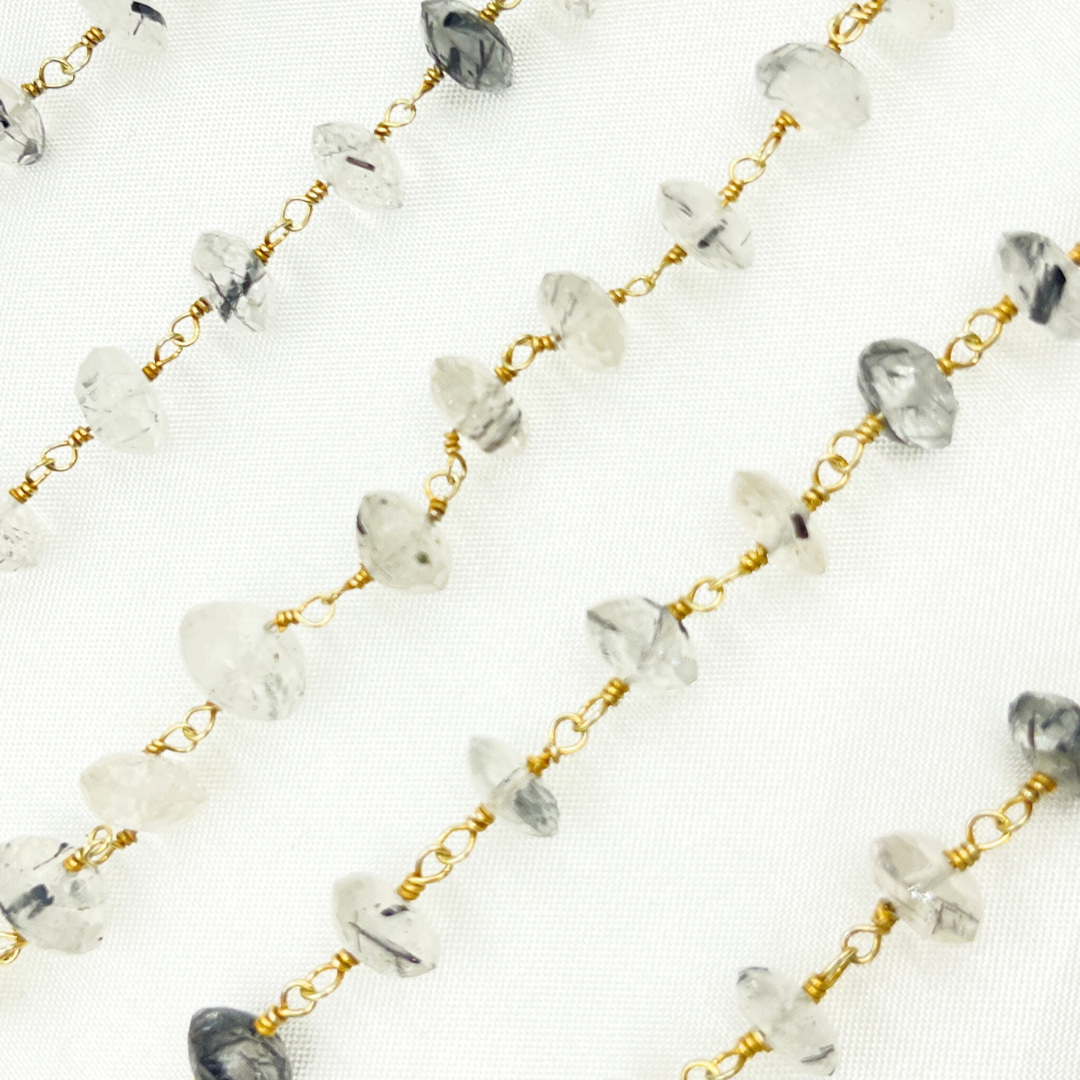 Black Rutile Roundel Shape Faceted Gold Plated Wire Chain.