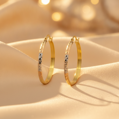 GER65. 14K Gold Tri-Color Hoop Earrings with Engraved Tornado Design