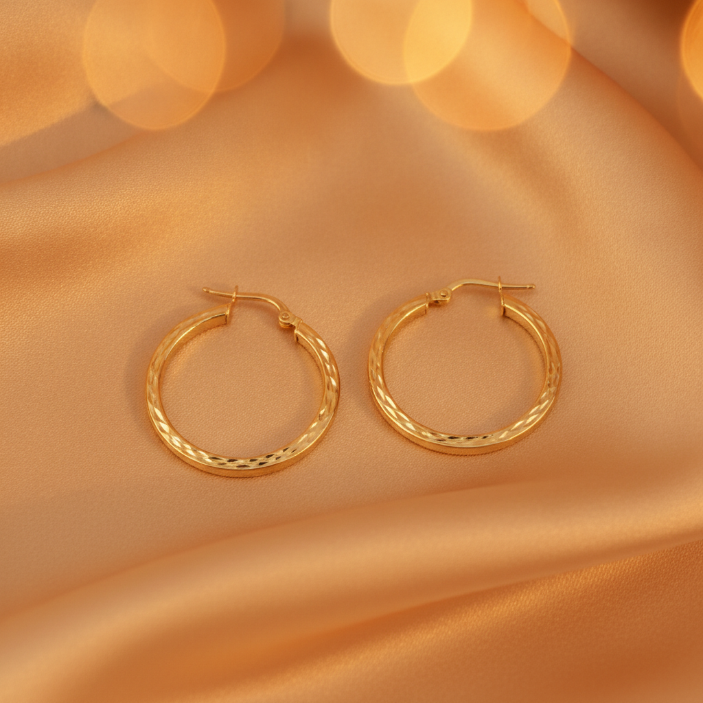 GER161. 14K Solid Gold Hollow Flat Diamond Cut Hoop