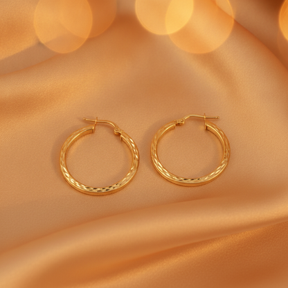 GER161. 14K Solid Gold Hollow Flat Diamond Cut Hoop