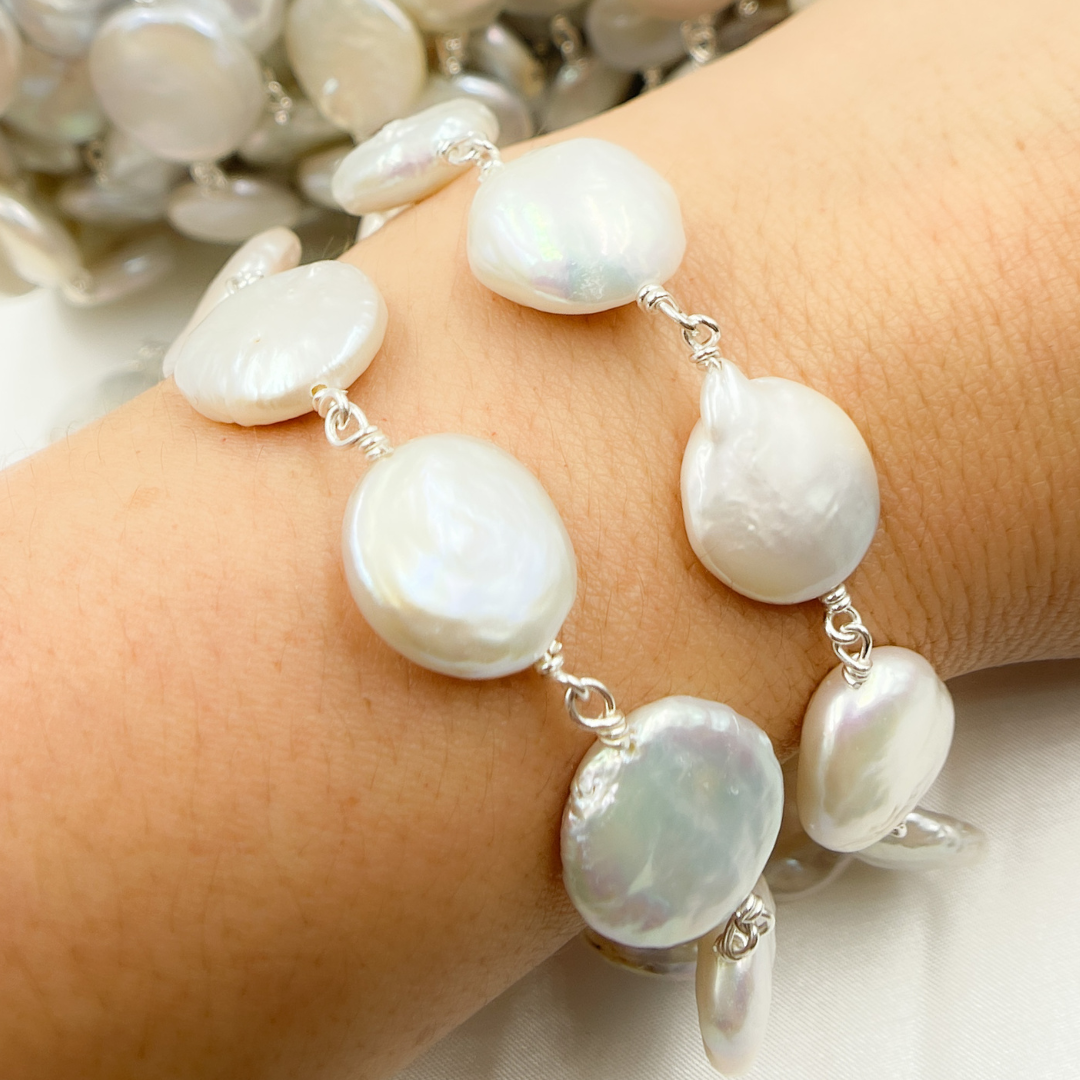 Coin Shape Freshwater Pearl Wire Wrap Chain