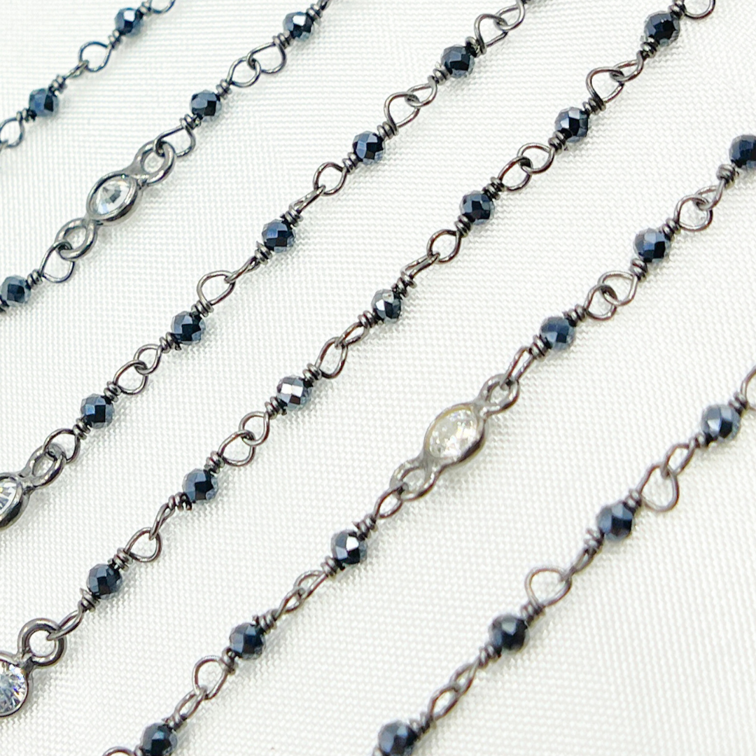 Coated Black Spinel & Round CZ Wire Wrap Chain