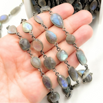 Load image into Gallery viewer, Labradorite Mix Shape Bezel Oxidized Wire Chain. LAB15
