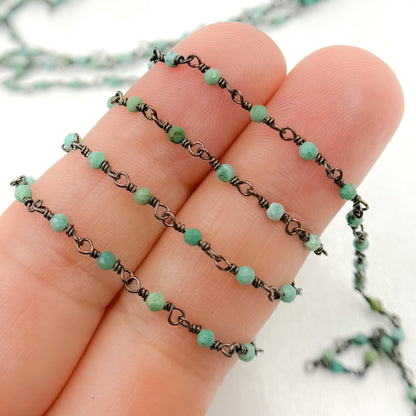 Black Rhodium 925 Sterling Silver and Natural Turquoise Wire Wrapped Bead Chain