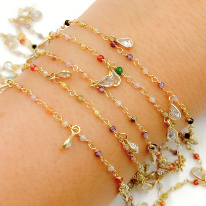 Multi Color Cubic Zirconia & CZ Dangle Gold Plated Wire Chain.