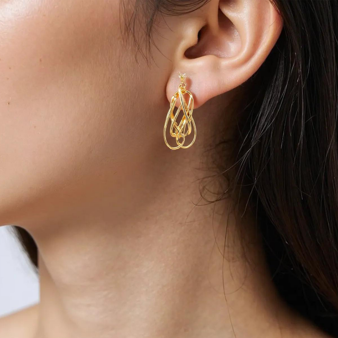 15850005068. 14K Solid Gold Twist Double Oval Hollow Dangle Earrings