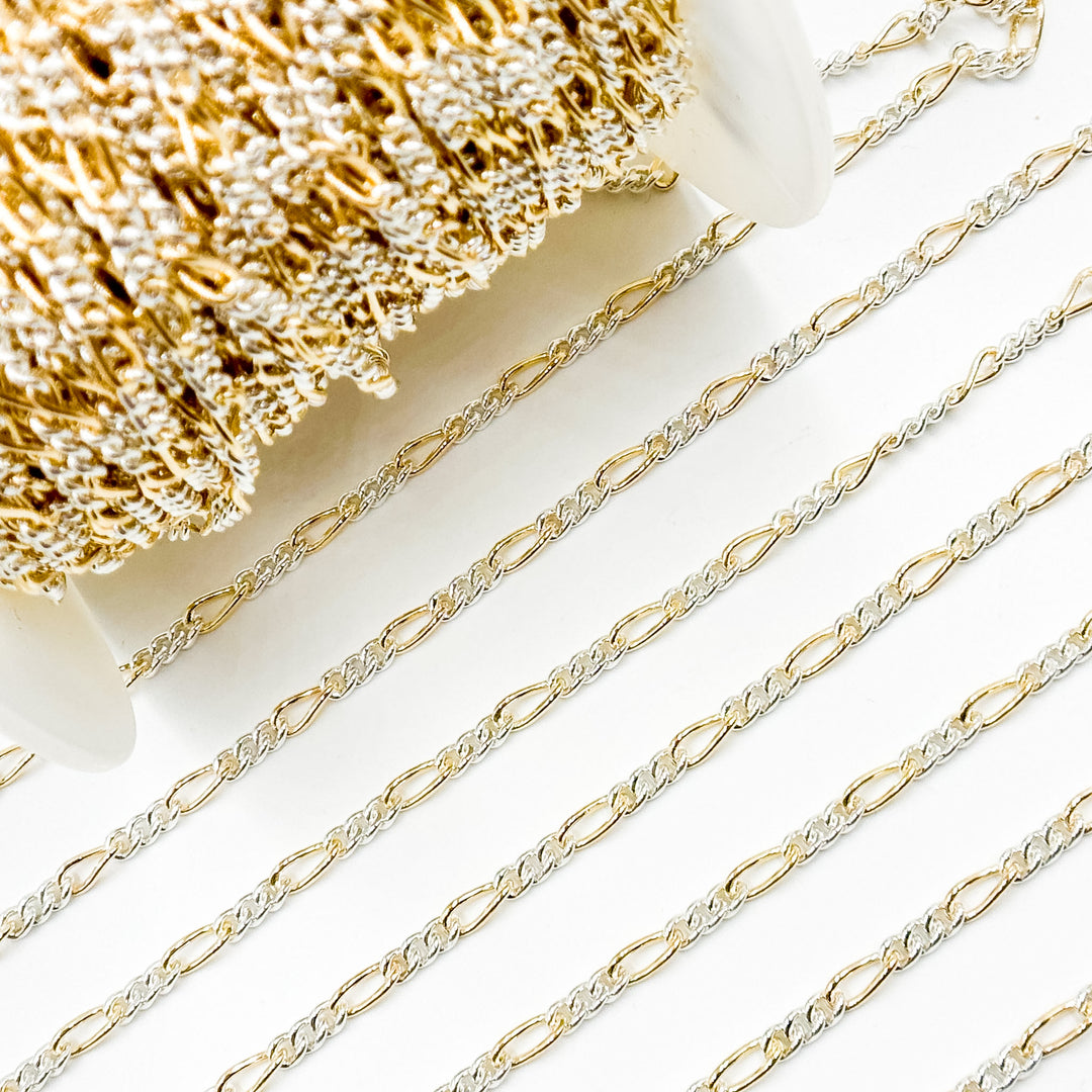 XM/3831C. 14K Gold Filled & Sterling Silver Figaro Link Chain – Long Gold, Short Silver Pattern