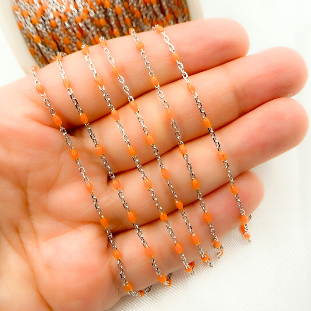 Sterling White Silver Enamel Orange Color Cable Chain
