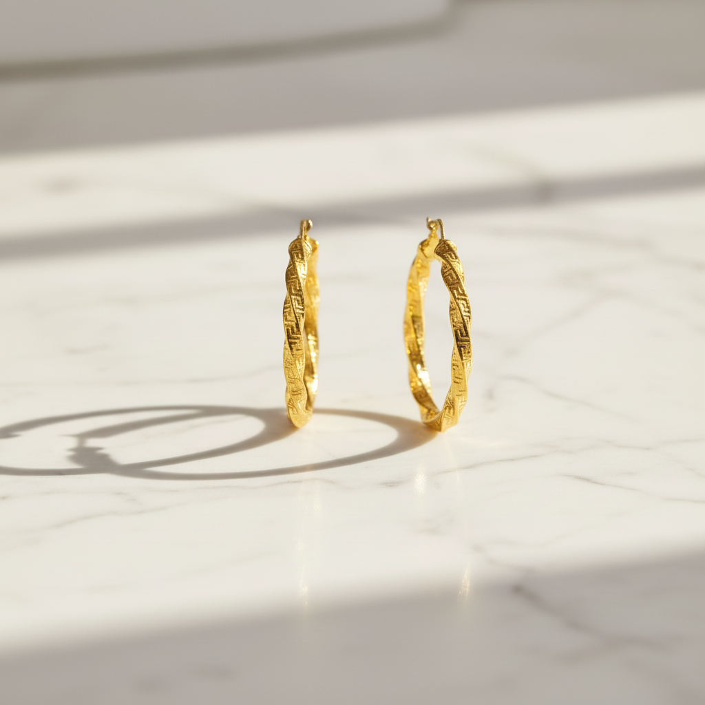 GER124. 14K Solid Gold Twisted Hollow Hoop with Engraved