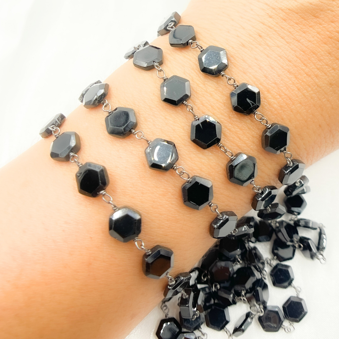 Black Spinel Hexagon Shape Oxidized Wire Chain. BSP22