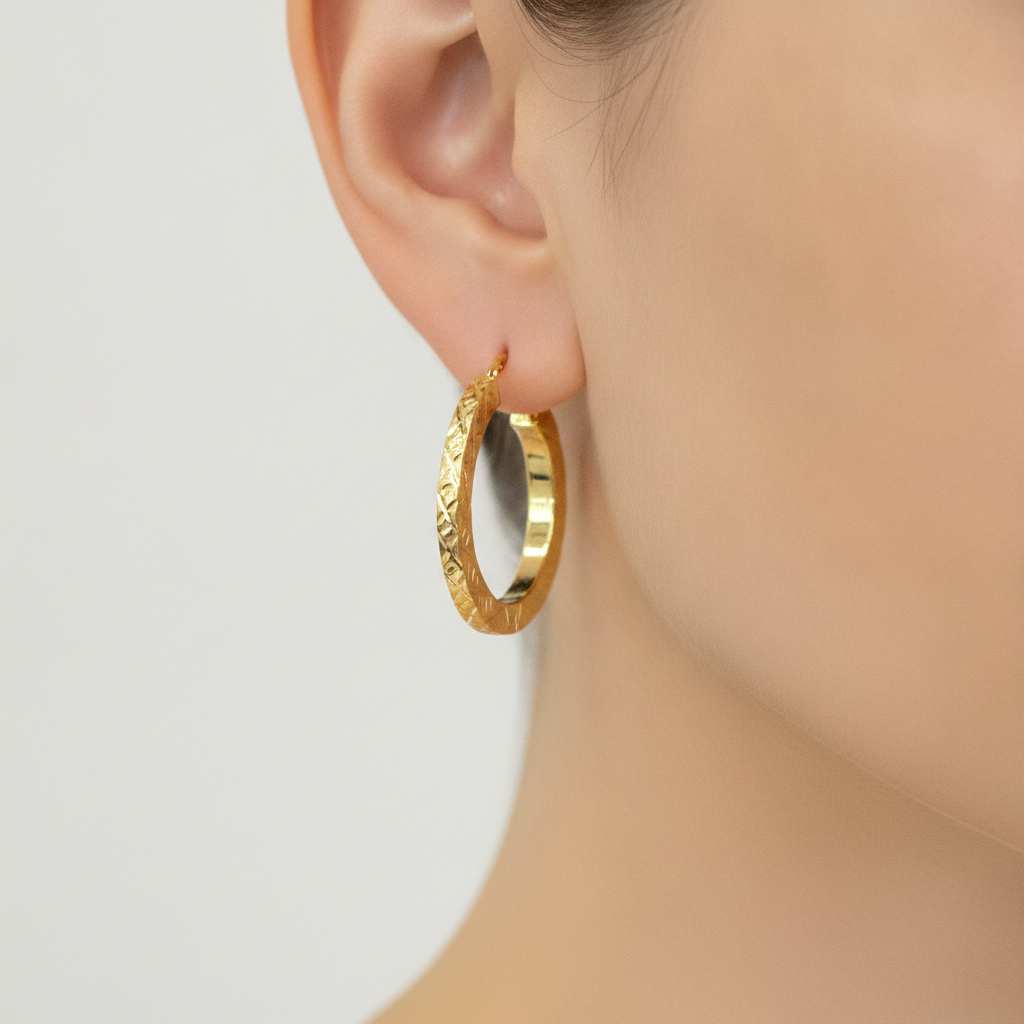 GER166. 14K Gold Hollow Flat Diamond Cut Hoop
