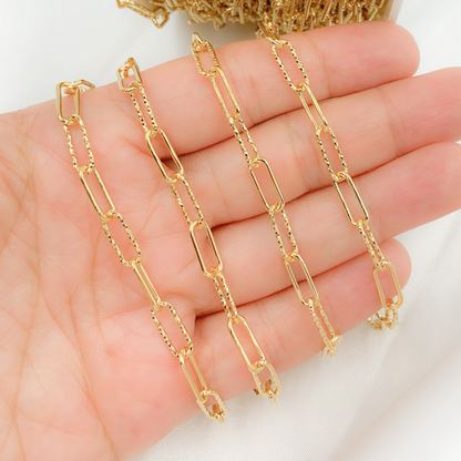 Gold Plated 925 Sterling Silver Smooth & Dimond Cut Link Paperclip Chain