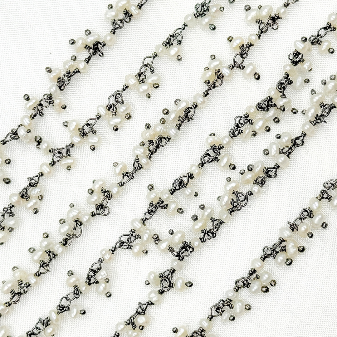 Pearl Cluster Dangle Oxidized 925 Sterling Silver Wire Chain.