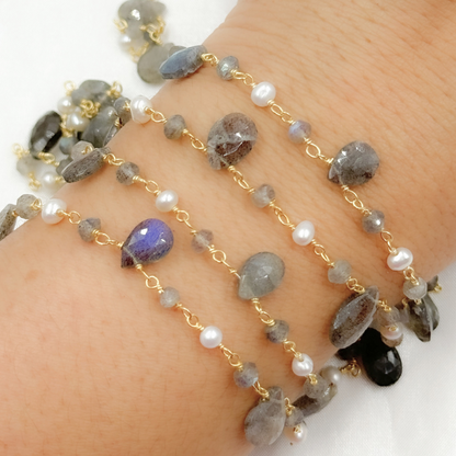 Labradorite & Pearl Gold Plated Wire Chain.