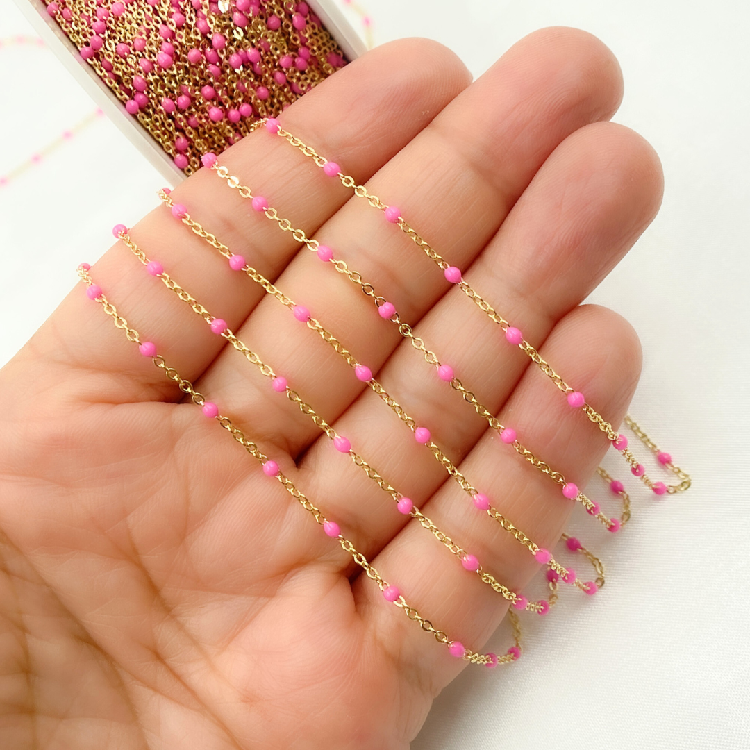 14k Solid Gold Cable Pink Enamel Chain