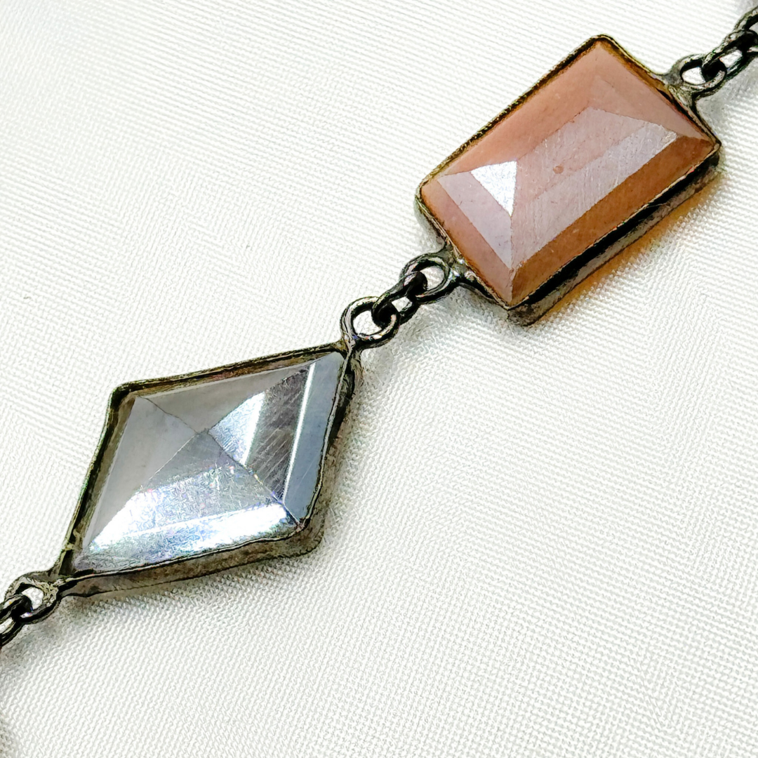Coated Multi Moonstone Organic Shape Bezel Oxidized Wire Chain.