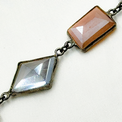 Coated Multi Moonstone Organic Shape Bezel Oxidized Wire Chain.