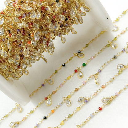 Multi Color Cubic Zirconia & CZ Dangle Gold Plated Wire Chain.