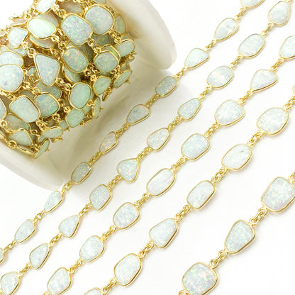 White Opal Oval Shape Bezel Gold Plated Wire Chain