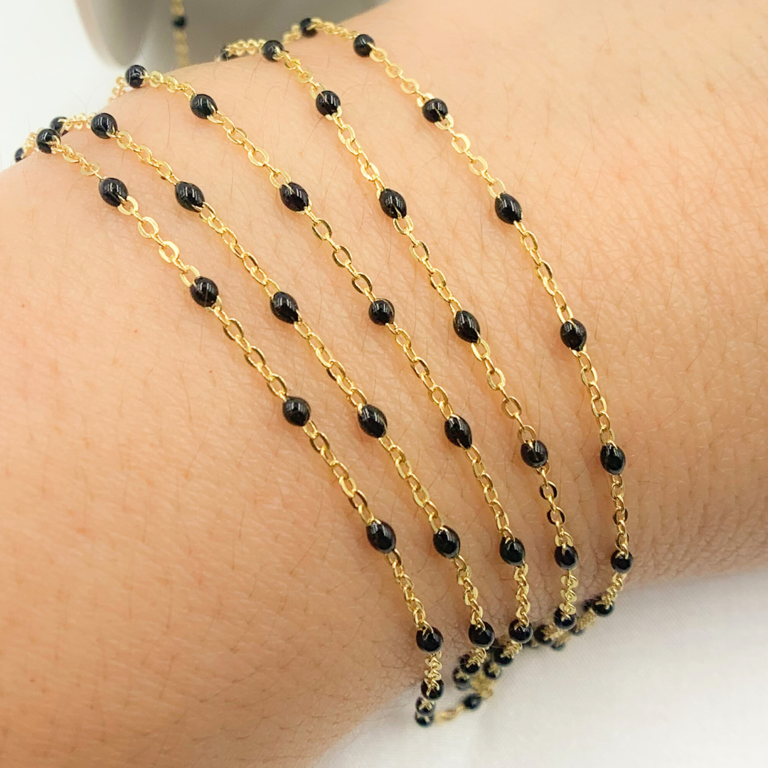 14K Solid Yellow Gold Enamel Black Color Cable Chain