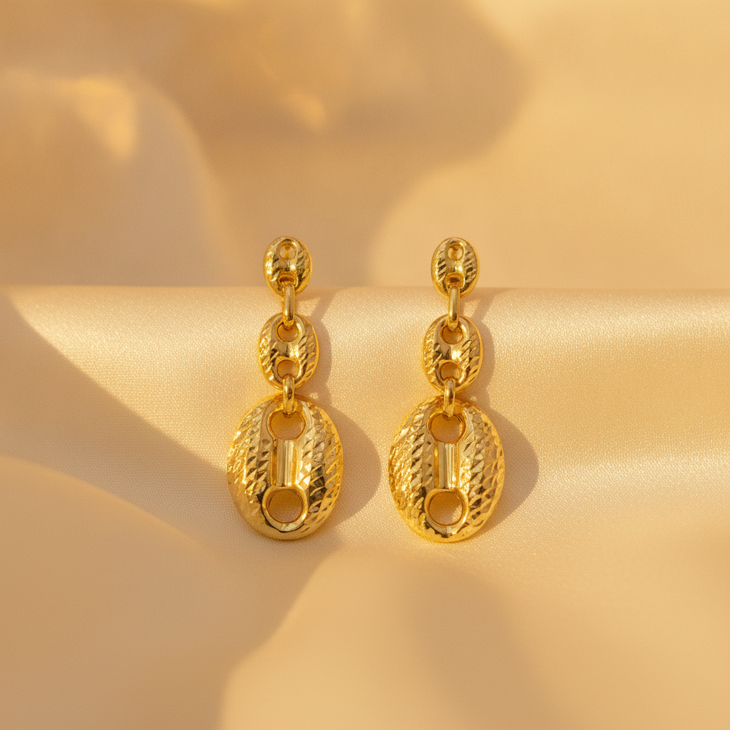 GER86. 14K Solid Gold Puffed Mariner Diamond Cut Link Earrings