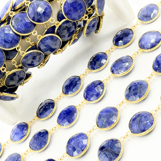 Dyed Sapphire Round Shape Bezel Gold Plated Wire Chain.