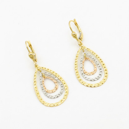 GER113. 14K Solid Gold Dangle Earring with Tri - Color Diamond Cut Drops.