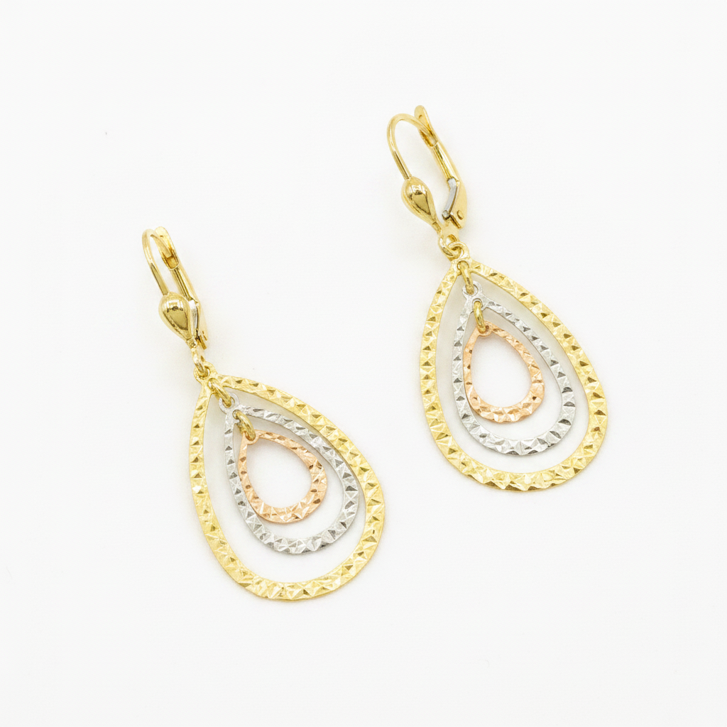 GER113. 14K Solid Gold Dangle Earring with Tri - Color Diamond Cut Drops.
