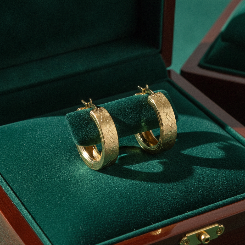 GER105. 14K Solid Gold Flat Diamond Cut Hollow Hoop Earrings