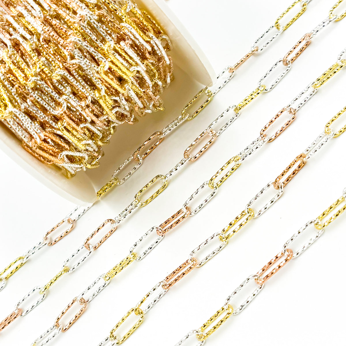 Sterling White Silver Gold and Rose Plated Diamond Cut Paperclip Chain