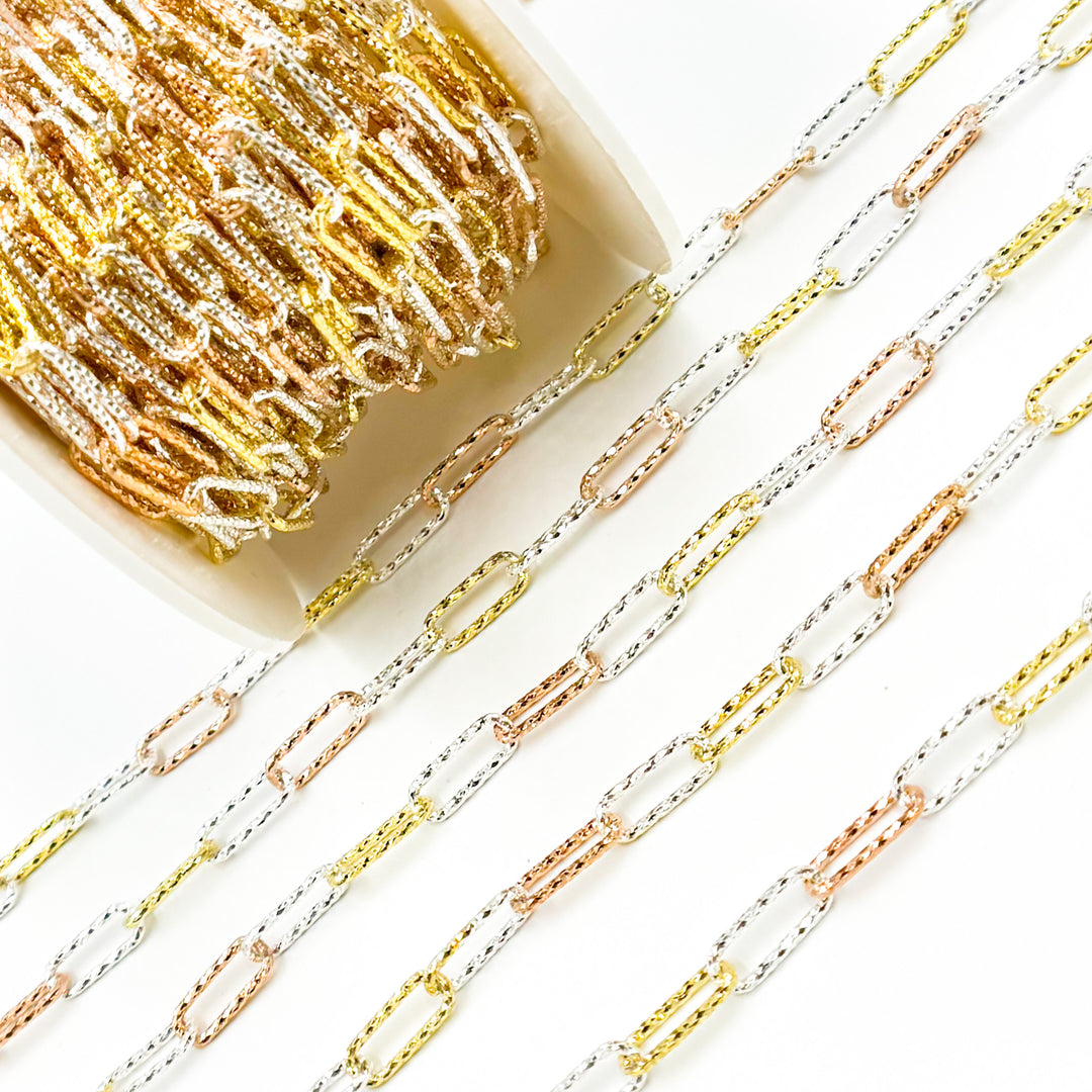 Sterling White Silver Gold and Rose Plated Diamond Cut Paperclip Chain