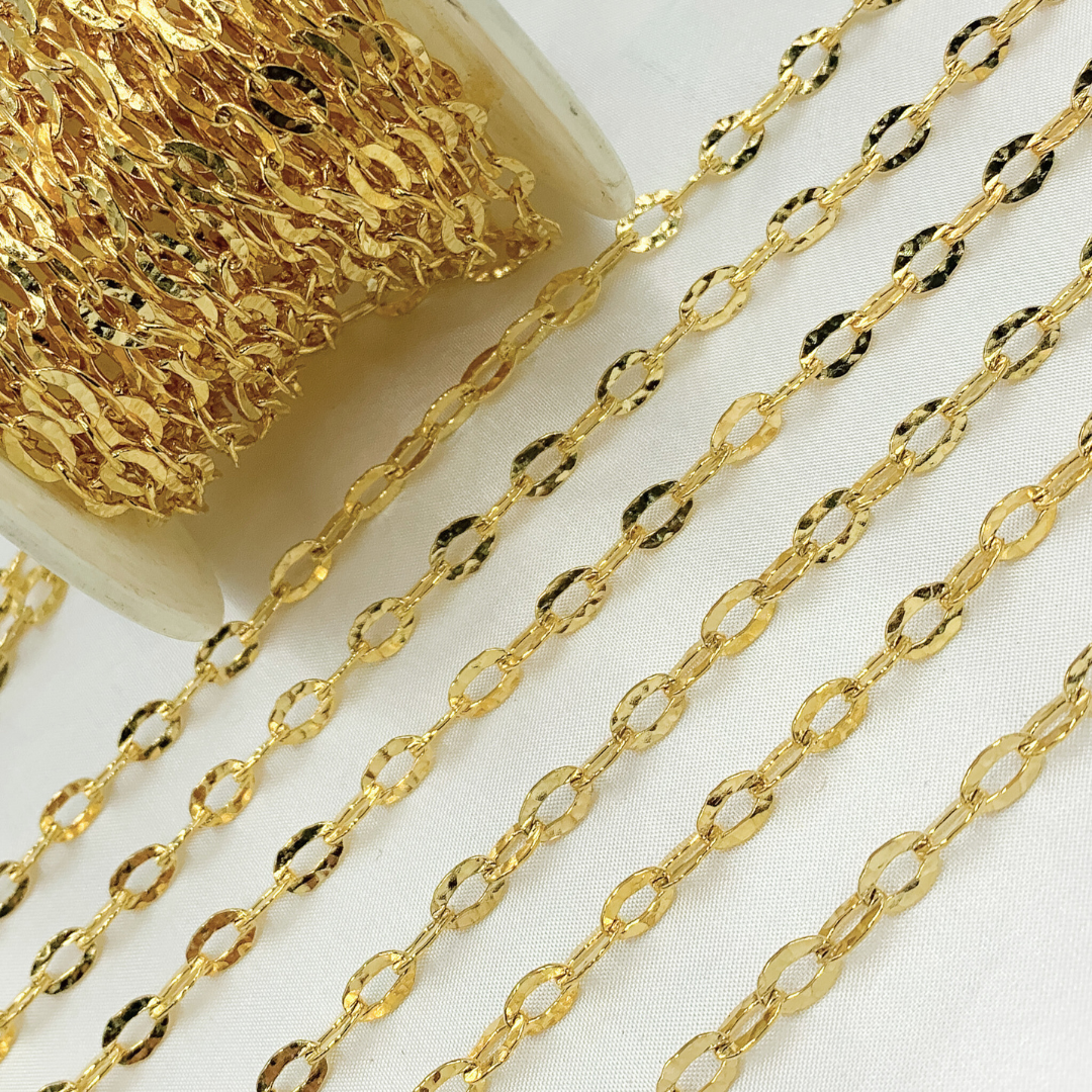 Y15GP. Gold Plated 925 Sterling Silver Flat Hammered Oval Link Chain